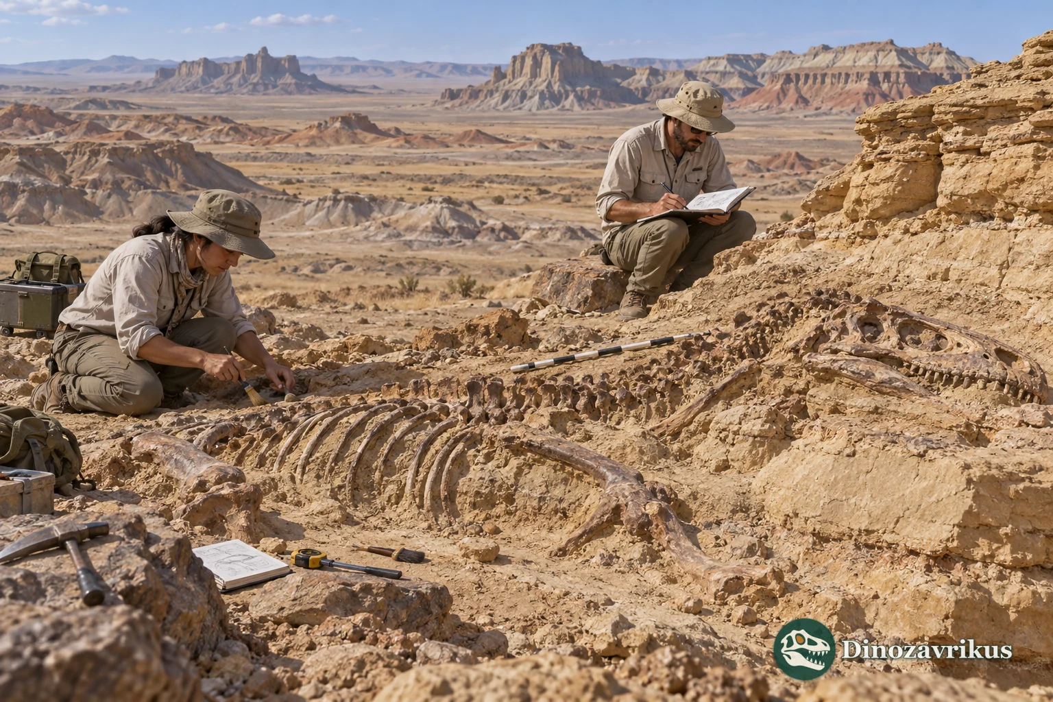 Paleontologists document a partial dinosaur skeleton in exposed Cretaceous rock in the Gobi Desert