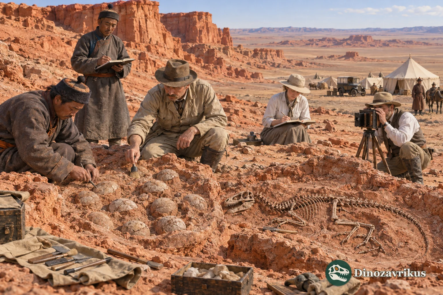 Mongolian field researchers and expedition scientists documenting a fossil nest at the Flaming Cliffs