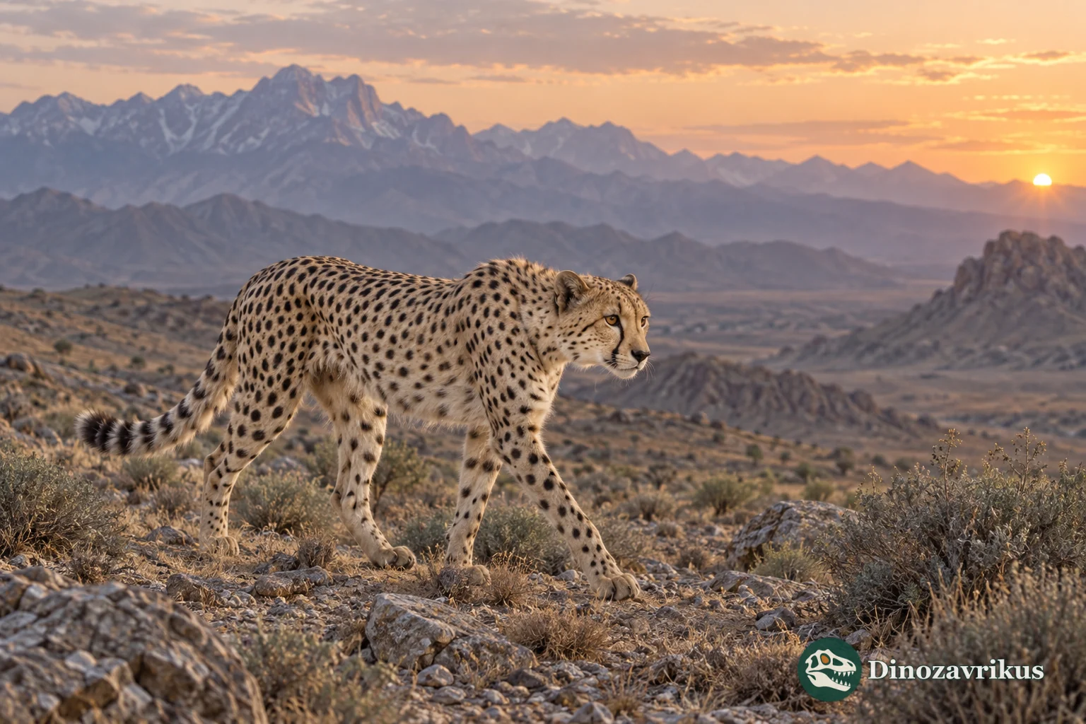 An Asiatic cheetah moving across rocky Iranian highland terrain