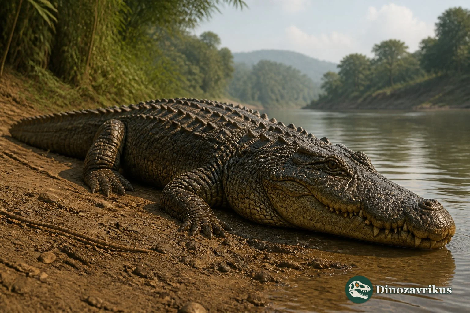 Asiatosuchus reconstructed beside a Paleogene Eurasian river