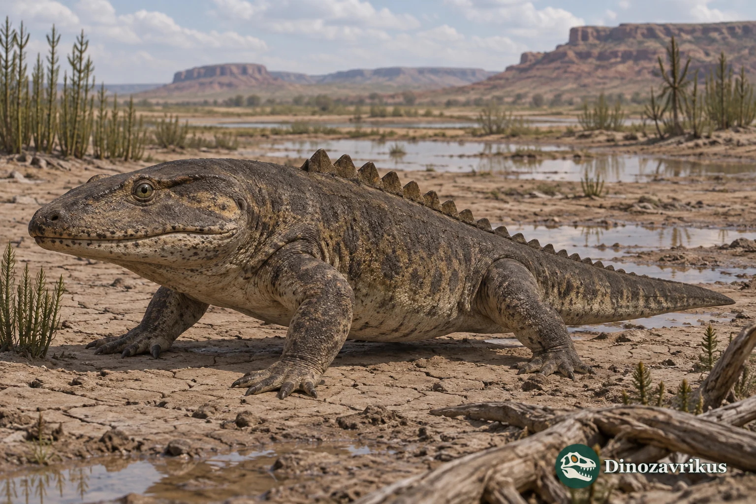 Aspidosaurus chiton walking across an Early Permian floodplain in Texas