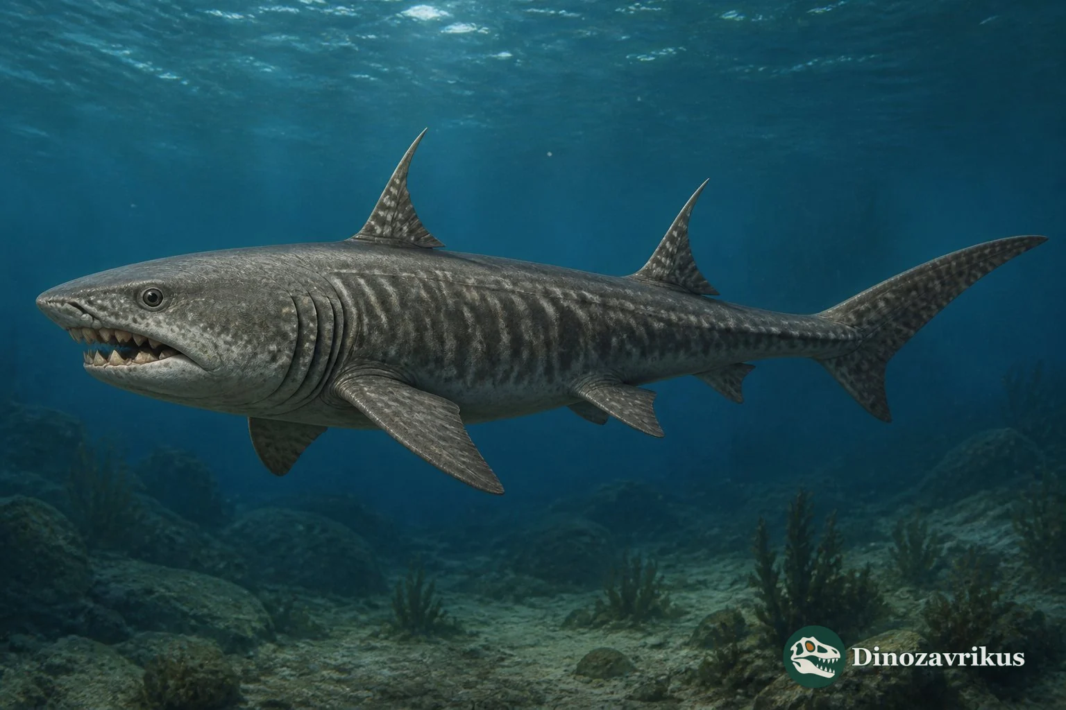 Reconstruction of Asteracanthus swimming in a Jurassic sea