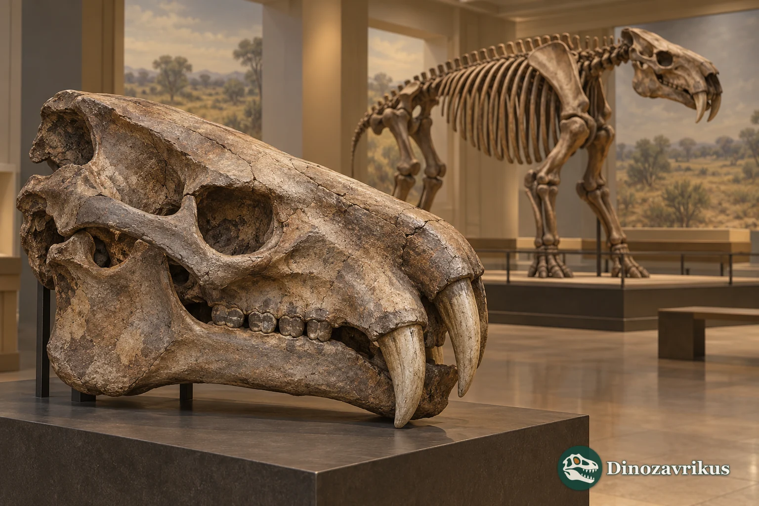Conceptual museum scene showing an astrapothere skull and skeleton