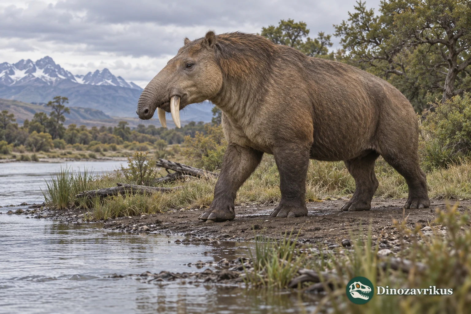 Artistic reconstruction of Astrapotherium beside a shallow river in Miocene Patagonia