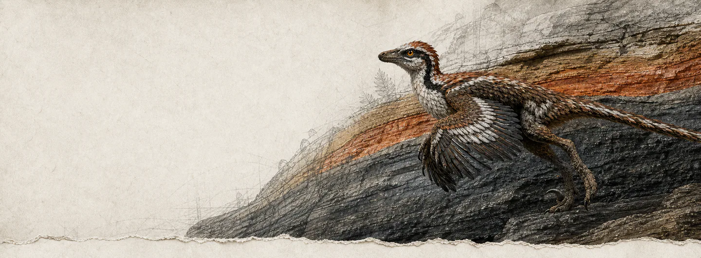 A feathered dinosaur reconstructed beside a layered rock exposure