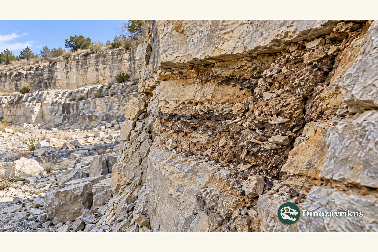 Illustrative limestone fissure fill with small fossil remains