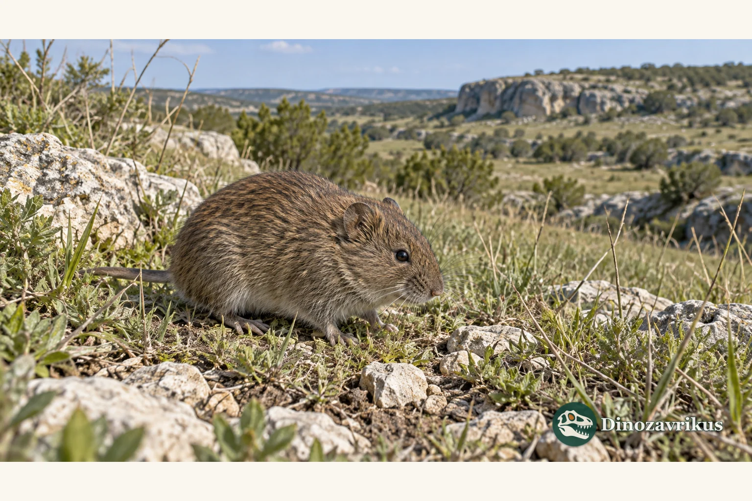 Artistic reconstruction of a small Atopomys-like vole on Pleistocene Texas limestone terrain