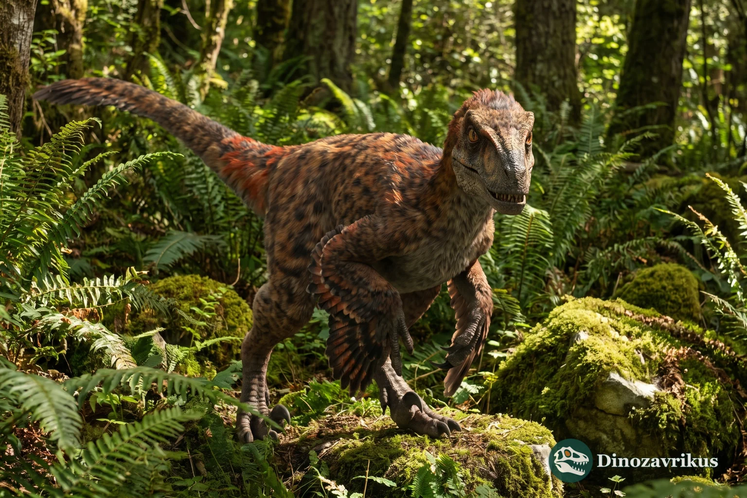 Feathered reconstruction of Atrociraptor in a Late Cretaceous floodplain