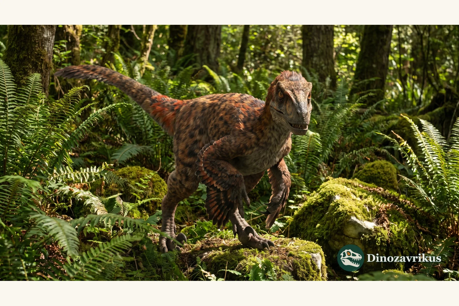 Feathered reconstruction of Atrociraptor in a Late Cretaceous floodplain