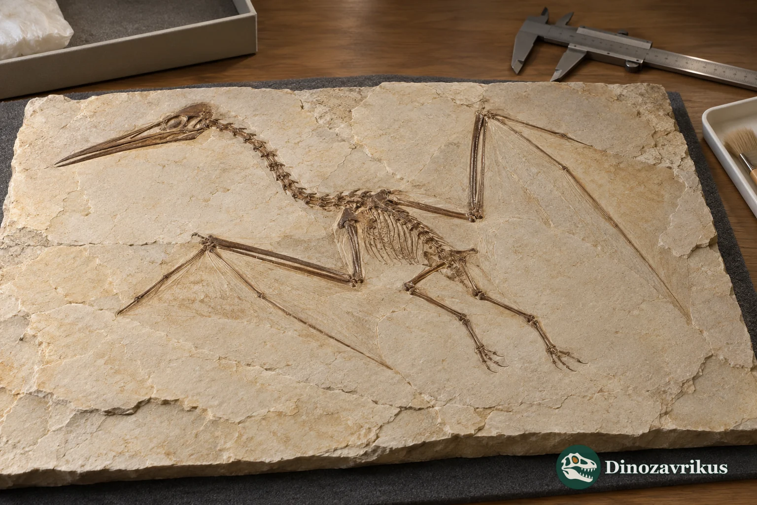 Illustrative museum examination of a small pterosaur slab under ultraviolet light