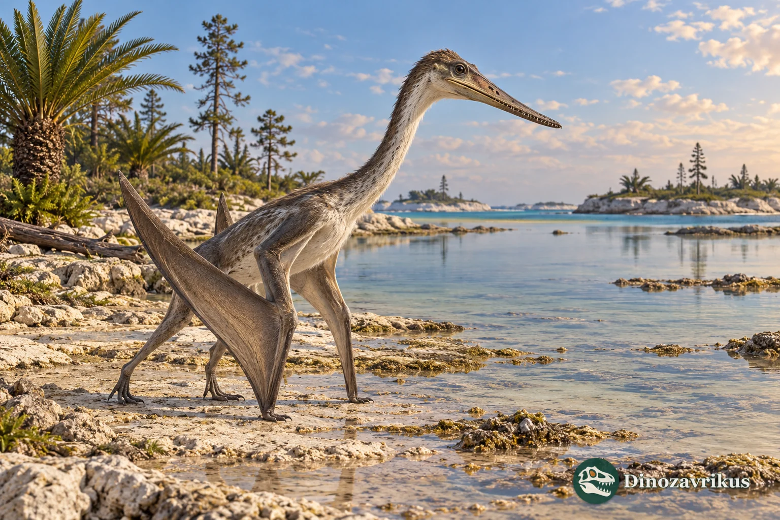 Artistic reconstruction of a small Aurorazhdarcho pterosaur on a Late Jurassic lagoon shore