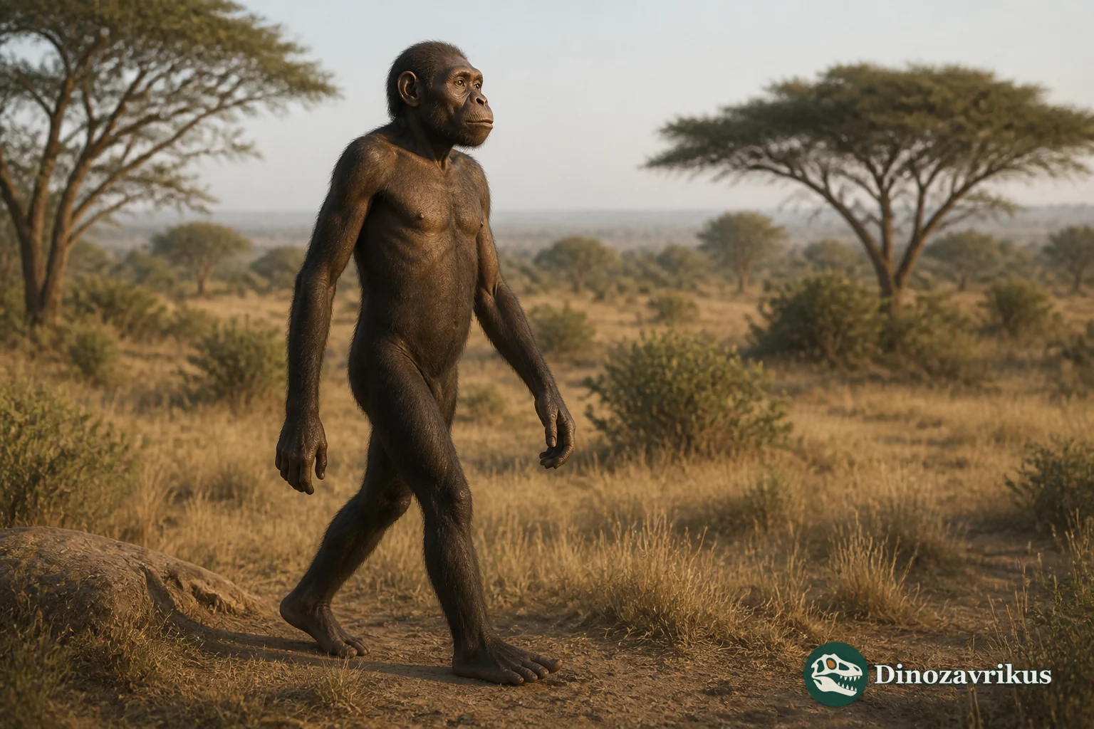 Reconstruction of Australopithecus walking through an open woodland mosaic