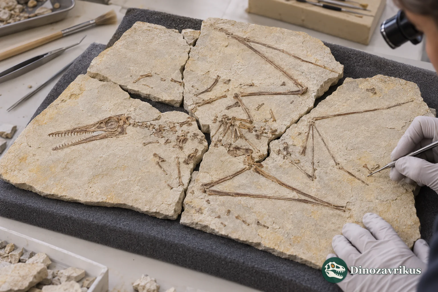 Illustrative arrangement of scattered pterosaur bone fragments on limestone slabs