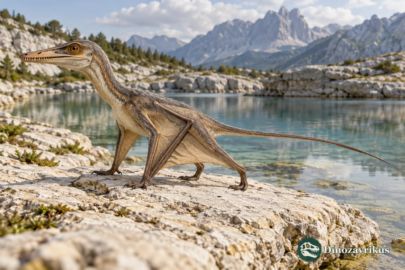 Cautious reconstruction of the small Triassic pterosaur Austriadraco beside an Alpine lagoon