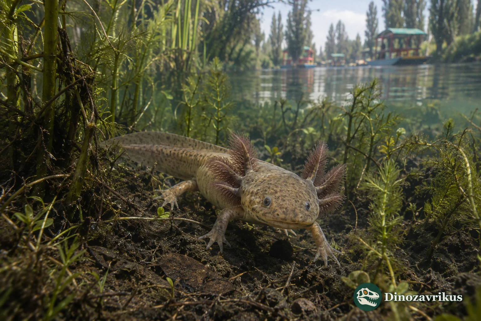 Wild-type axolotl among submerged plants in a shallow Xochimilco canal