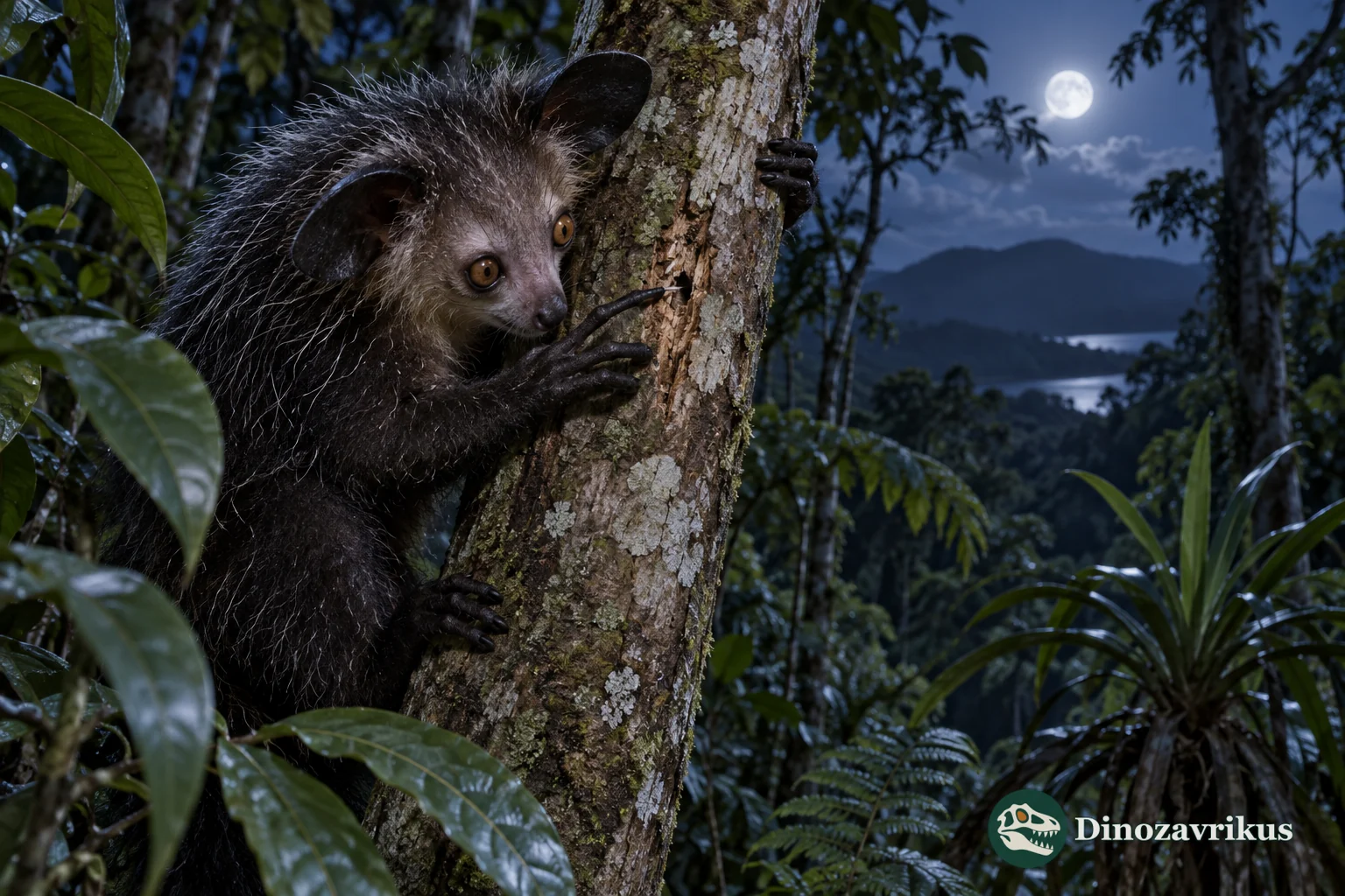An aye-aye foraging on a tree at night in Madagascar’s rainforest