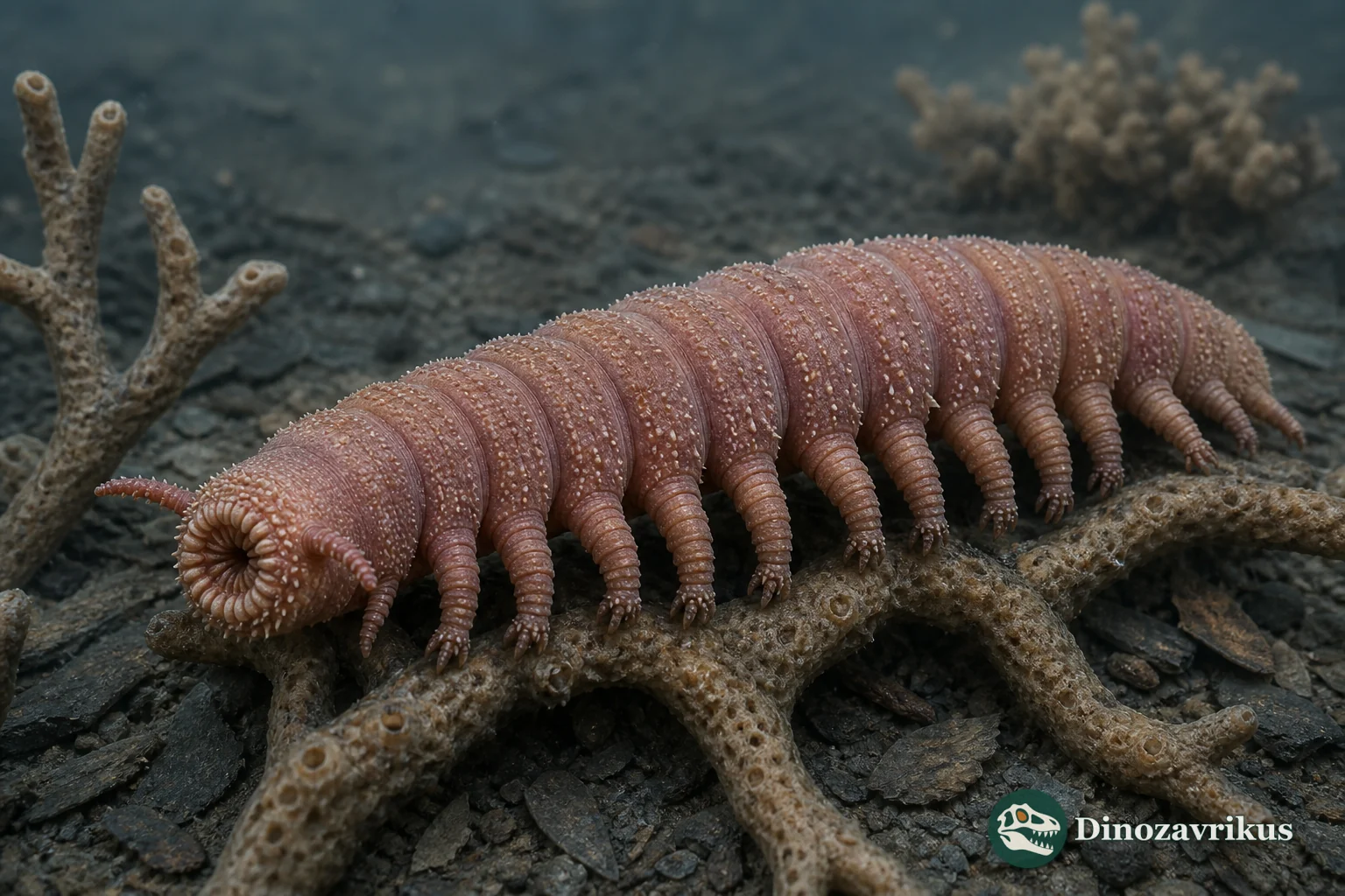 Aysheaia walking among Cambrian sponges on the Burgess Shale seafloor