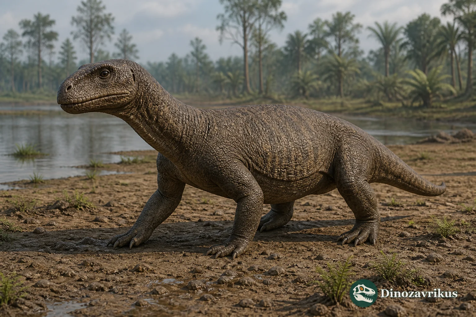 Azendohsaurus walking through a Triassic floodplain with low vegetation