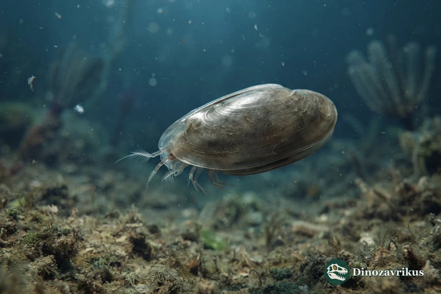 Magnified reconstruction of Bairdiacypris above an ancient marine bottom