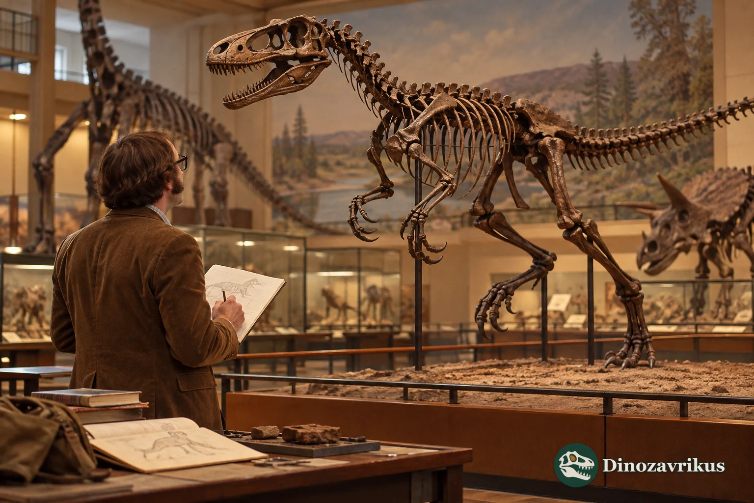 A generic 1970s museum paleontologist studying a theropod skeleton and field notes