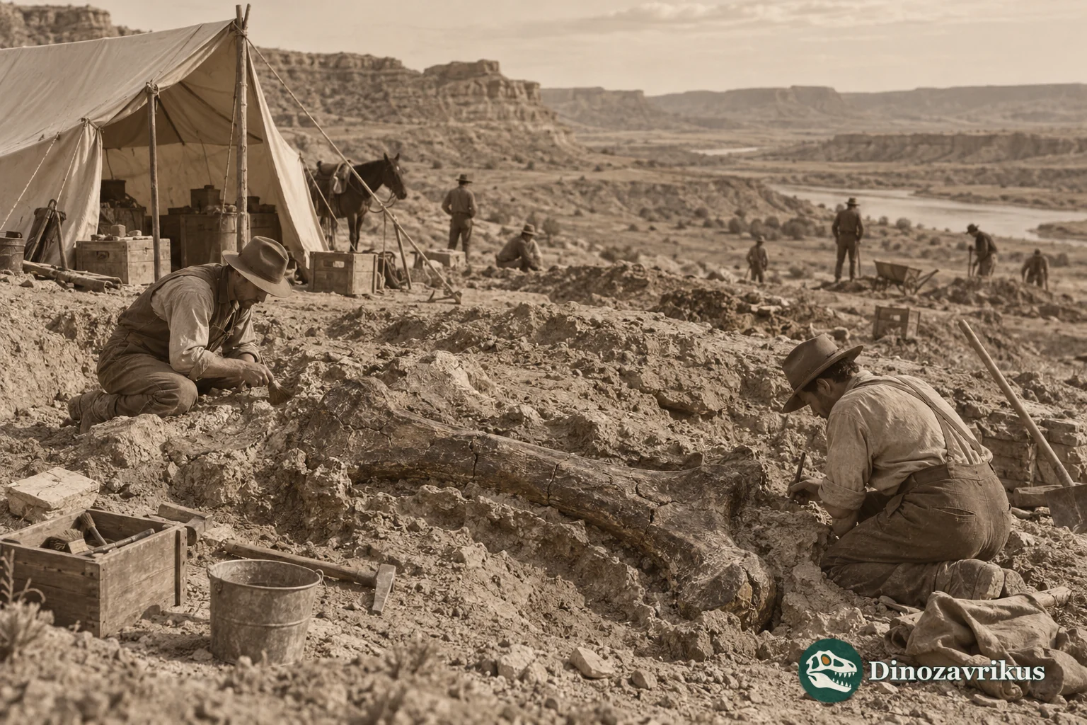 An early twentieth-century fossil excavation in a Montana badlands landscape