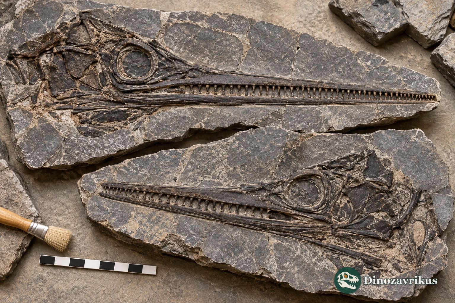 Illustrated comparison of two ichthyosaur skull slabs