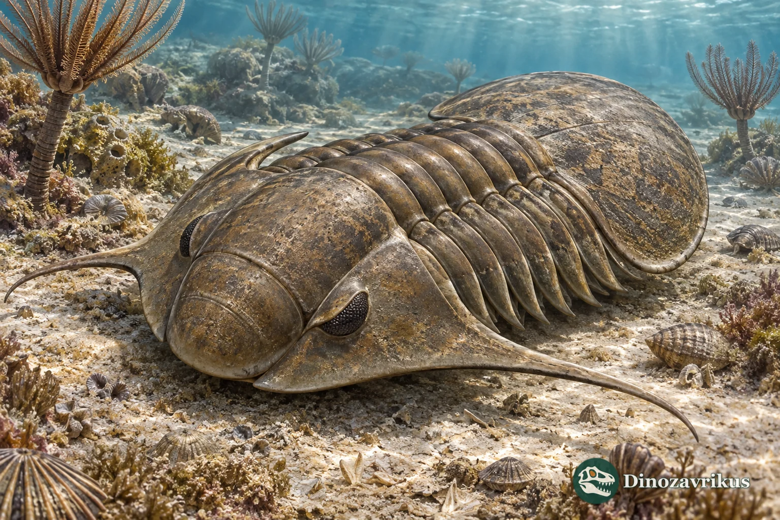 Basilicus trilobite with a broad head shield, eight thoracic segments and a large rounded ribbed pygidium