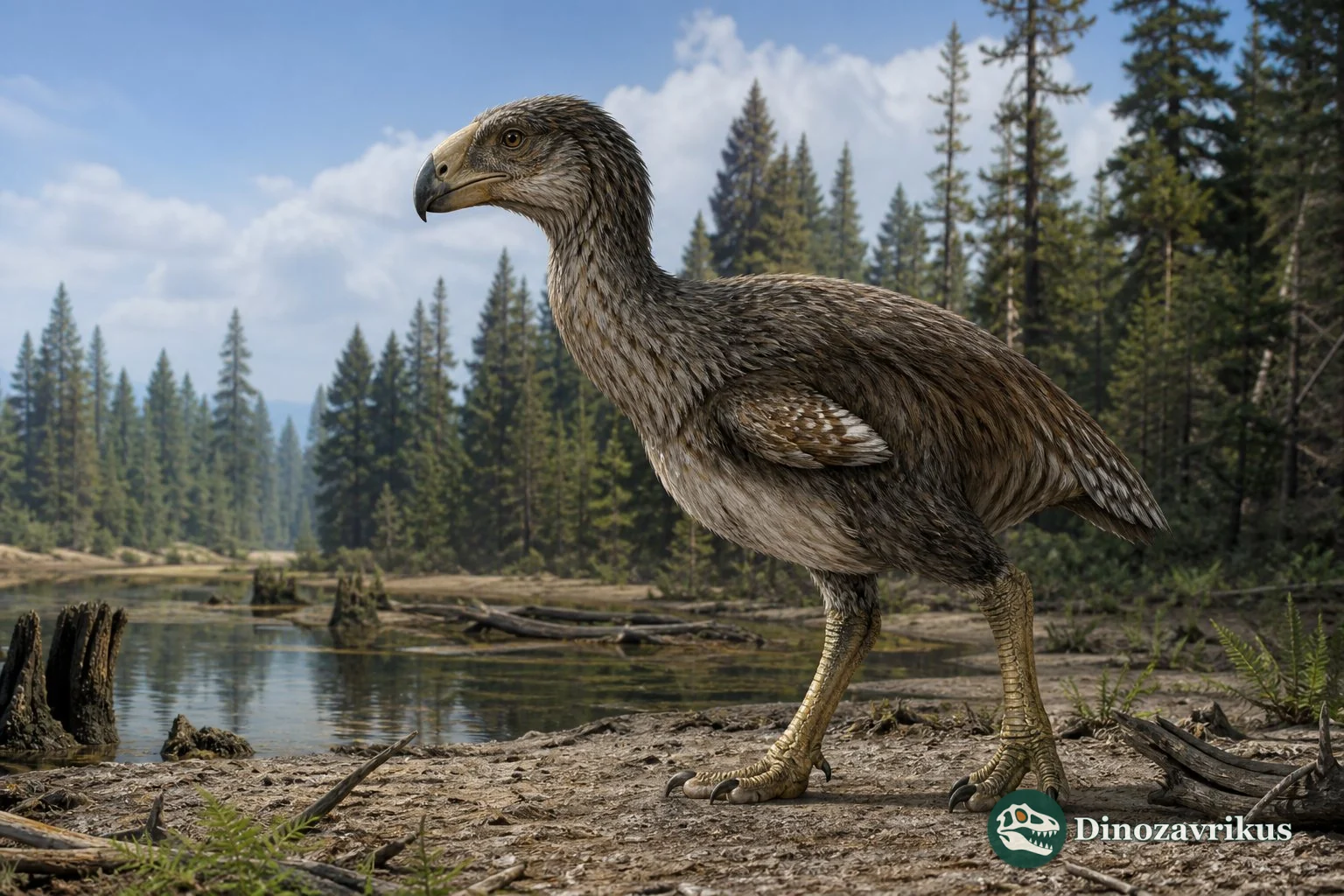 Bathornis reconstructed walking through an open Palaeogene woodland