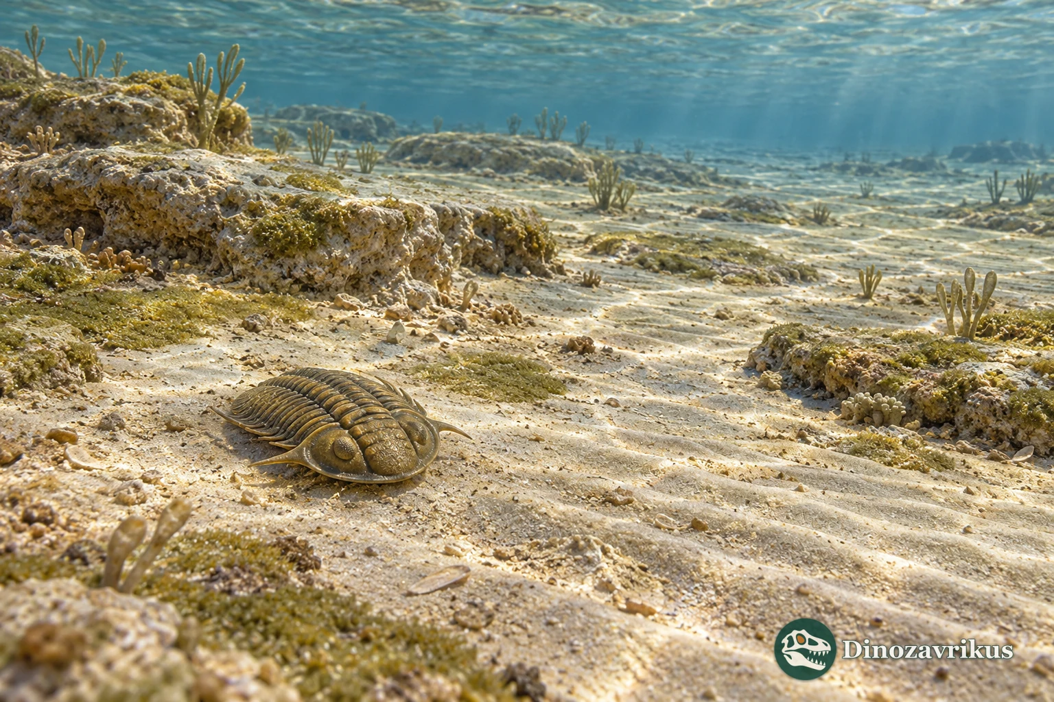 Reconstructed Ordovician carbonate shelf with Bathyurus trilobites near the seafloor