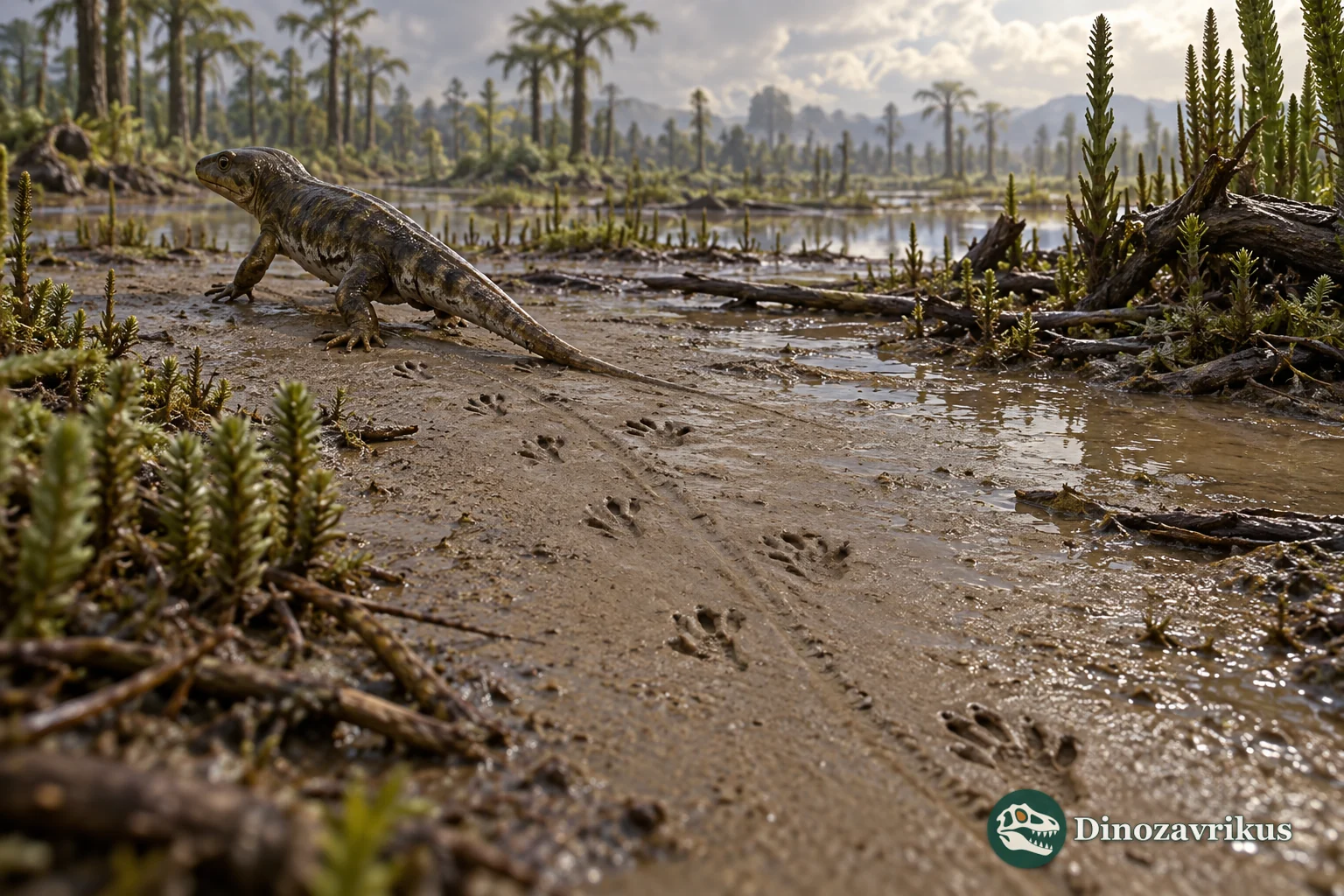 A small early tetrapod walking across Carboniferous mud, leaving a Batrachichnus-like trackway