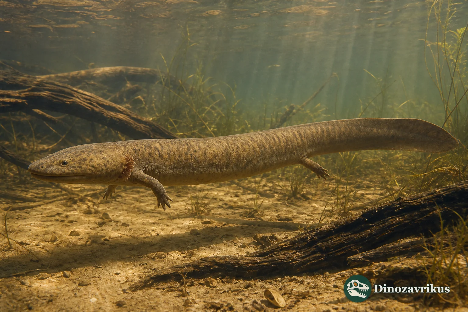 Batrachosauroides, a large aquatic salamander, moving through a Miocene Florida wetland