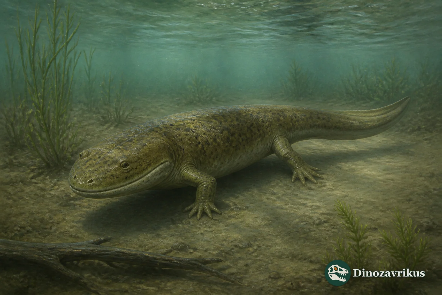 Batrachosuchoides lacer, a broad-headed temnospondyl beside an Early Triassic river