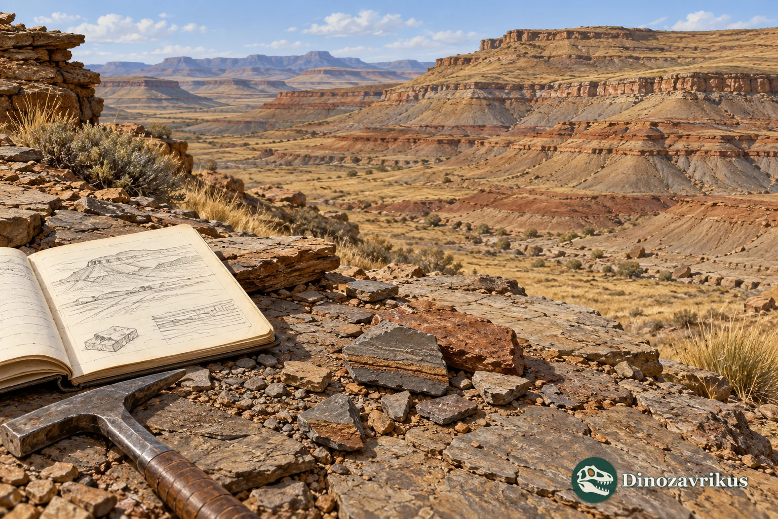 Illustrative Triassic Karoo landscape with layered sedimentary outcrops