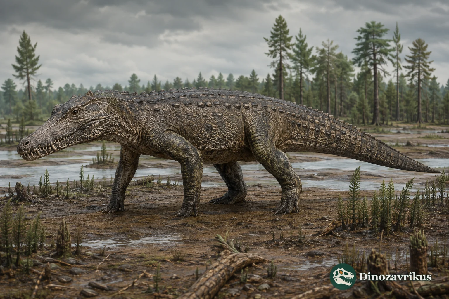 Batrachotomus reconstructed beside a Triassic floodplain water channel