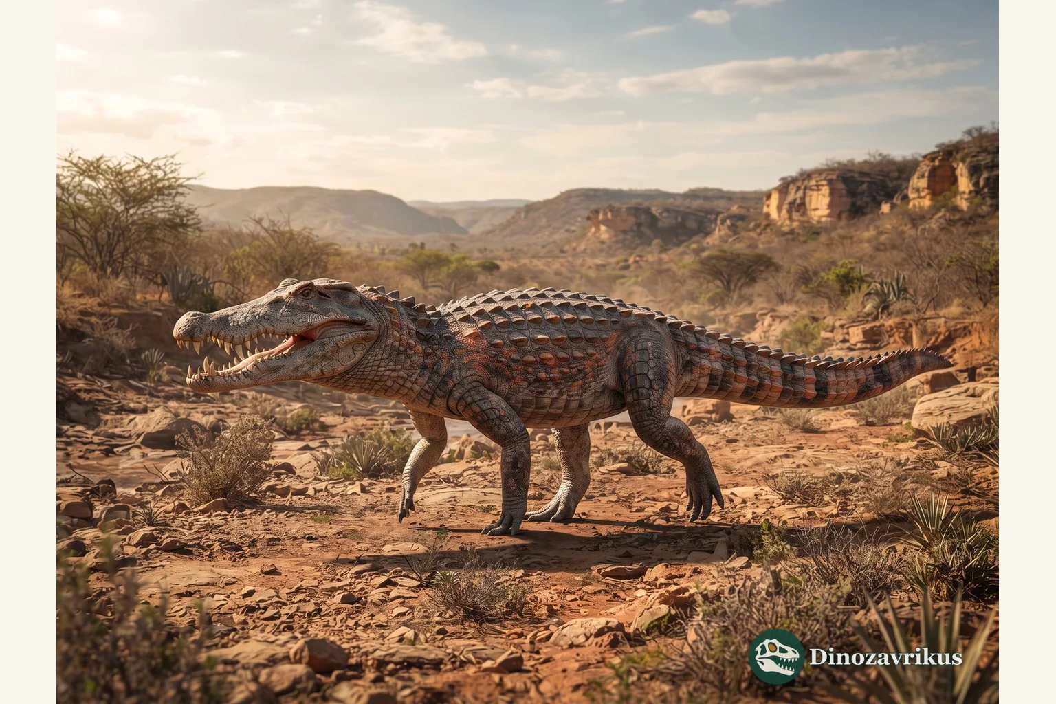 Baurusuchus reconstructed on a dry floodplain in Late Cretaceous Brazil