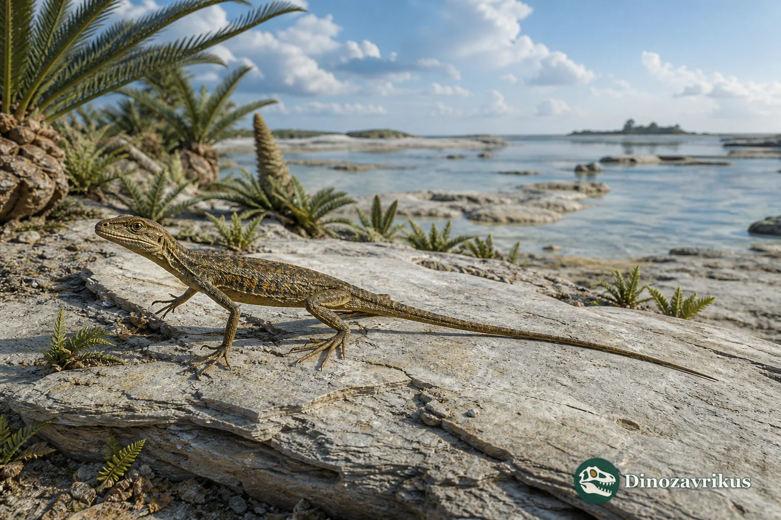 Bavarisaurus on a low rocky surface in the Late Jurassic Solnhofen archipelago