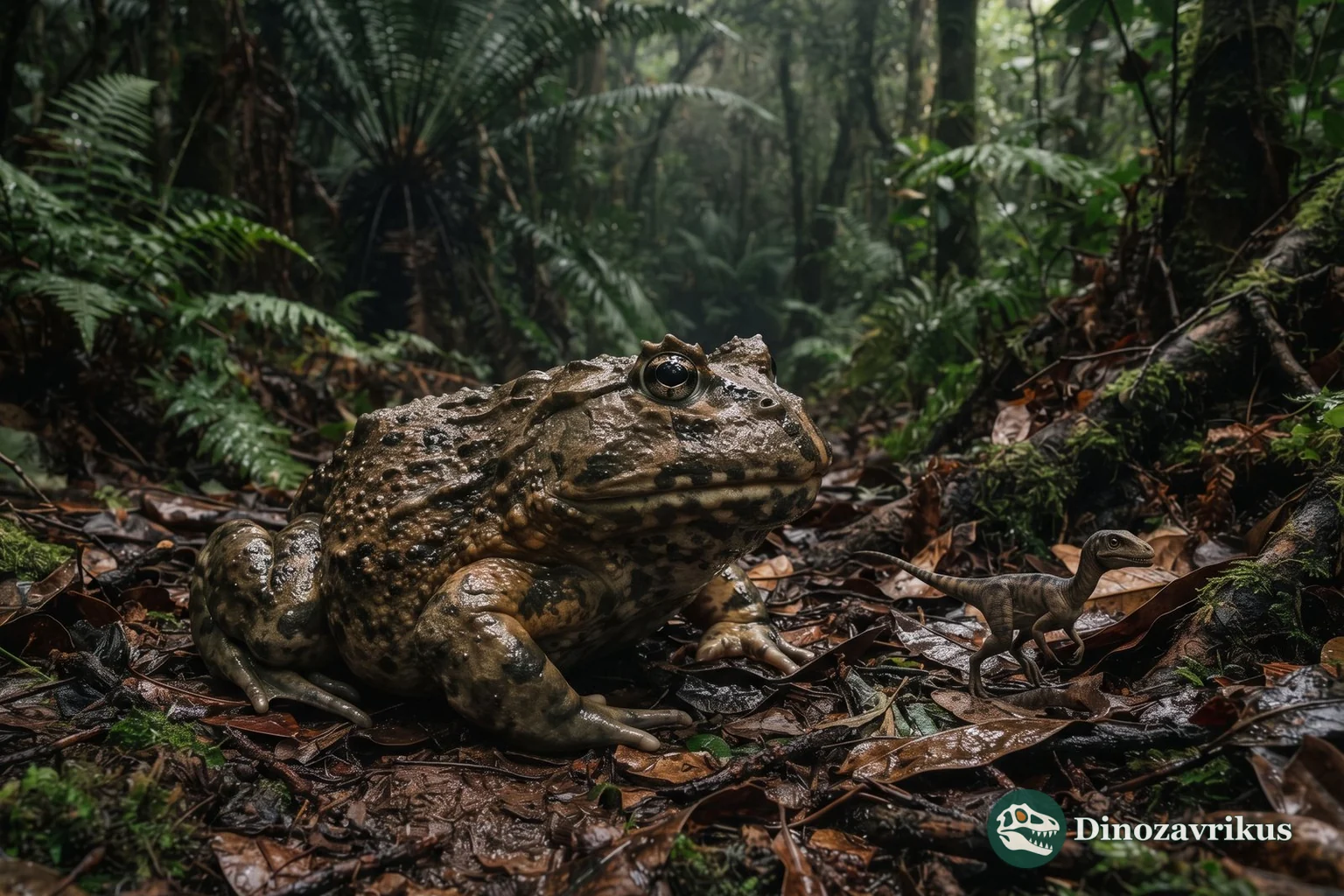 Beelzebufo resting in leaf litter on Cretaceous Madagascar