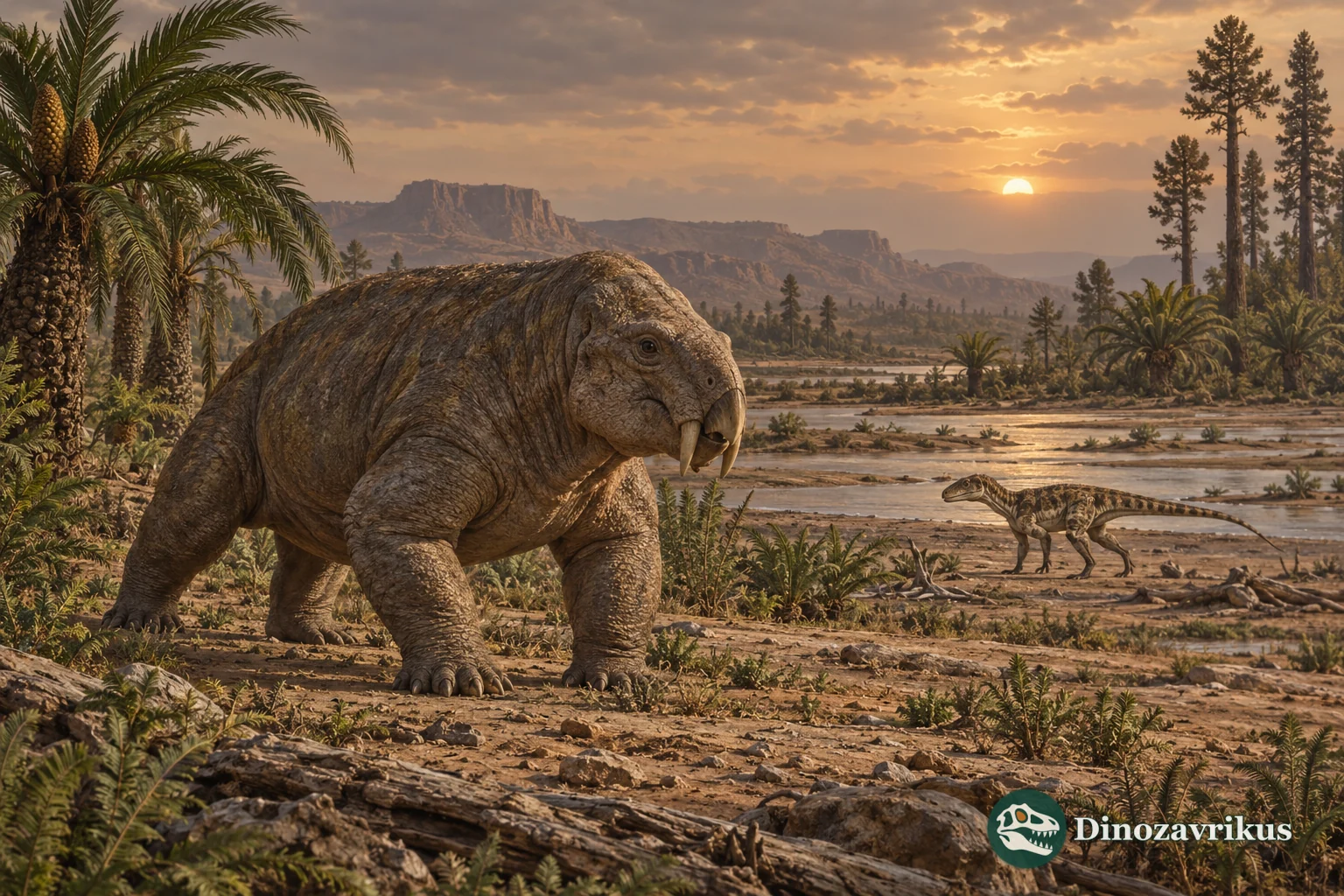 A dicynodont and early archosauromorph on a Permian–Triassic river plain