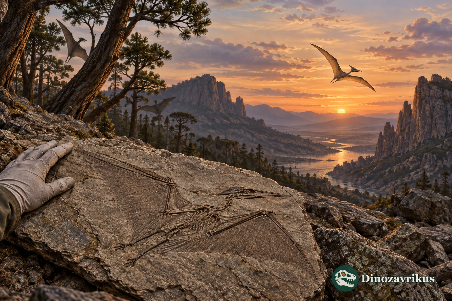 A Triassic pterosaur gliding above a fossil track impression on a rocky landscape