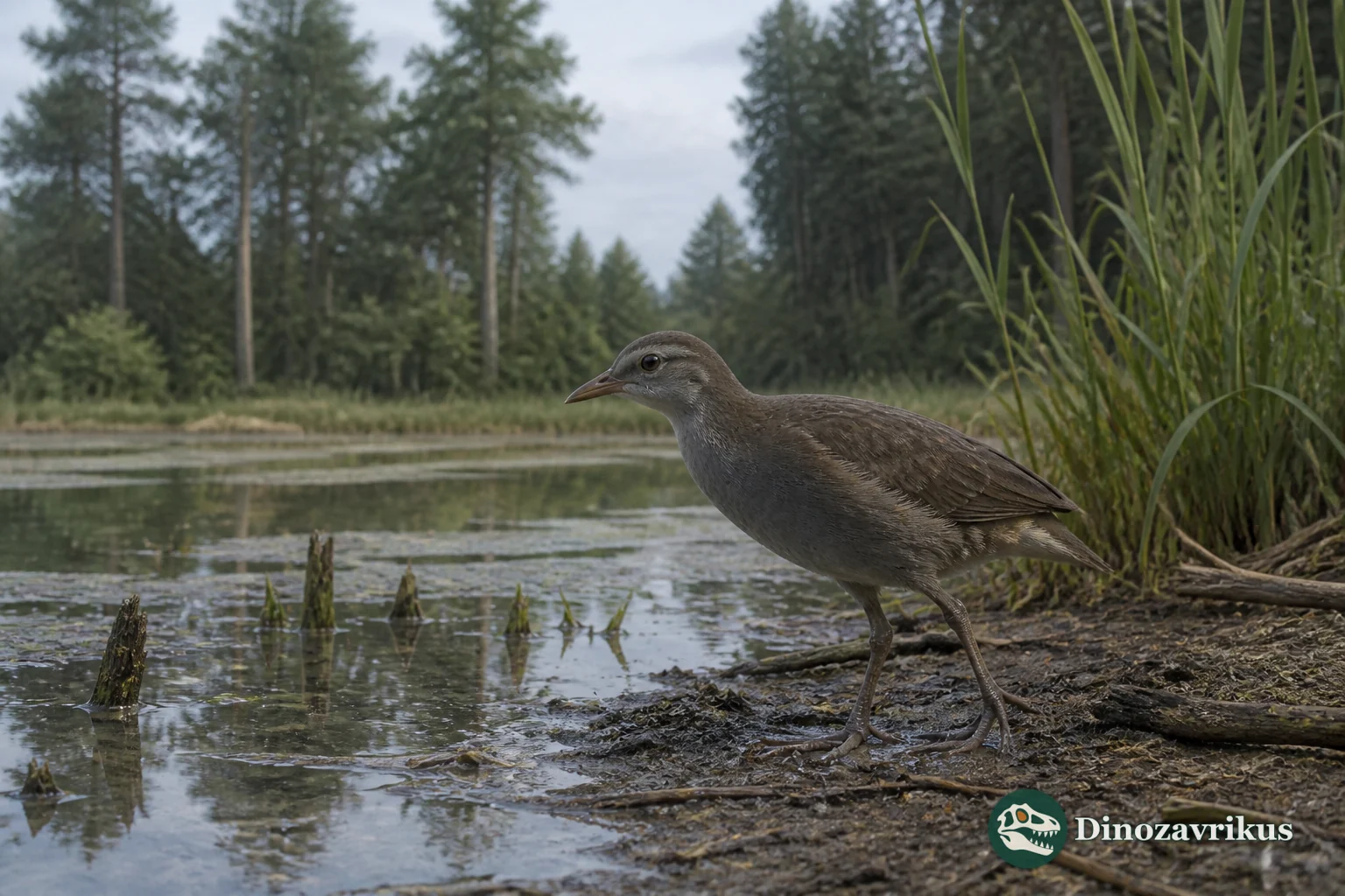A small fossil rail walking beside an early Oligocene waterway in Europe