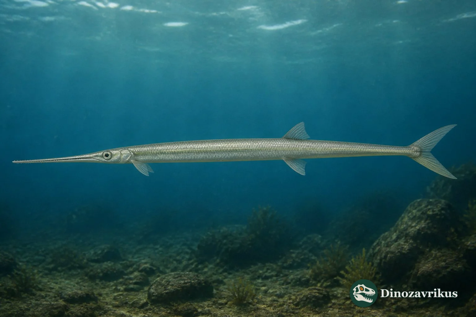 Belonostomus, a long-snouted aspidorhynchid fish swimming above a Jurassic seafloor