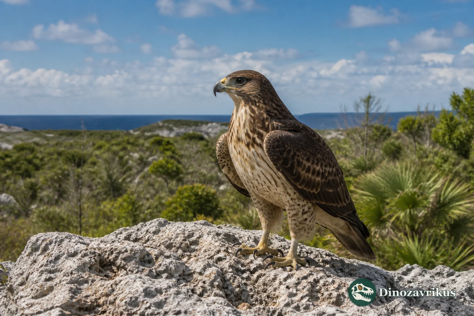 Bermuteo reconstructed on a rocky Bermuda coast above the North Atlantic