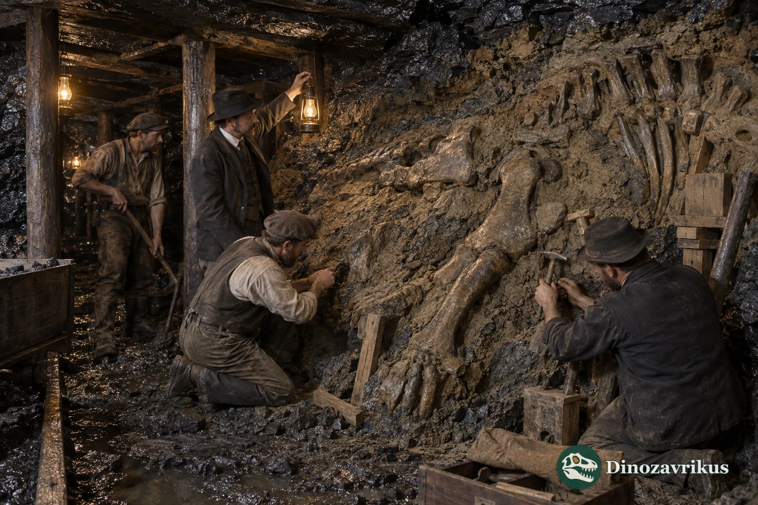 Workers excavating articulated Iguanodon skeletons in the Bernissart mine in 1878