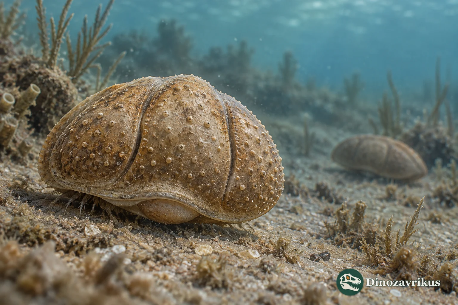 Three-lobed Beyrichia ostracod carapace with raised tubercles on a Silurian sea floor