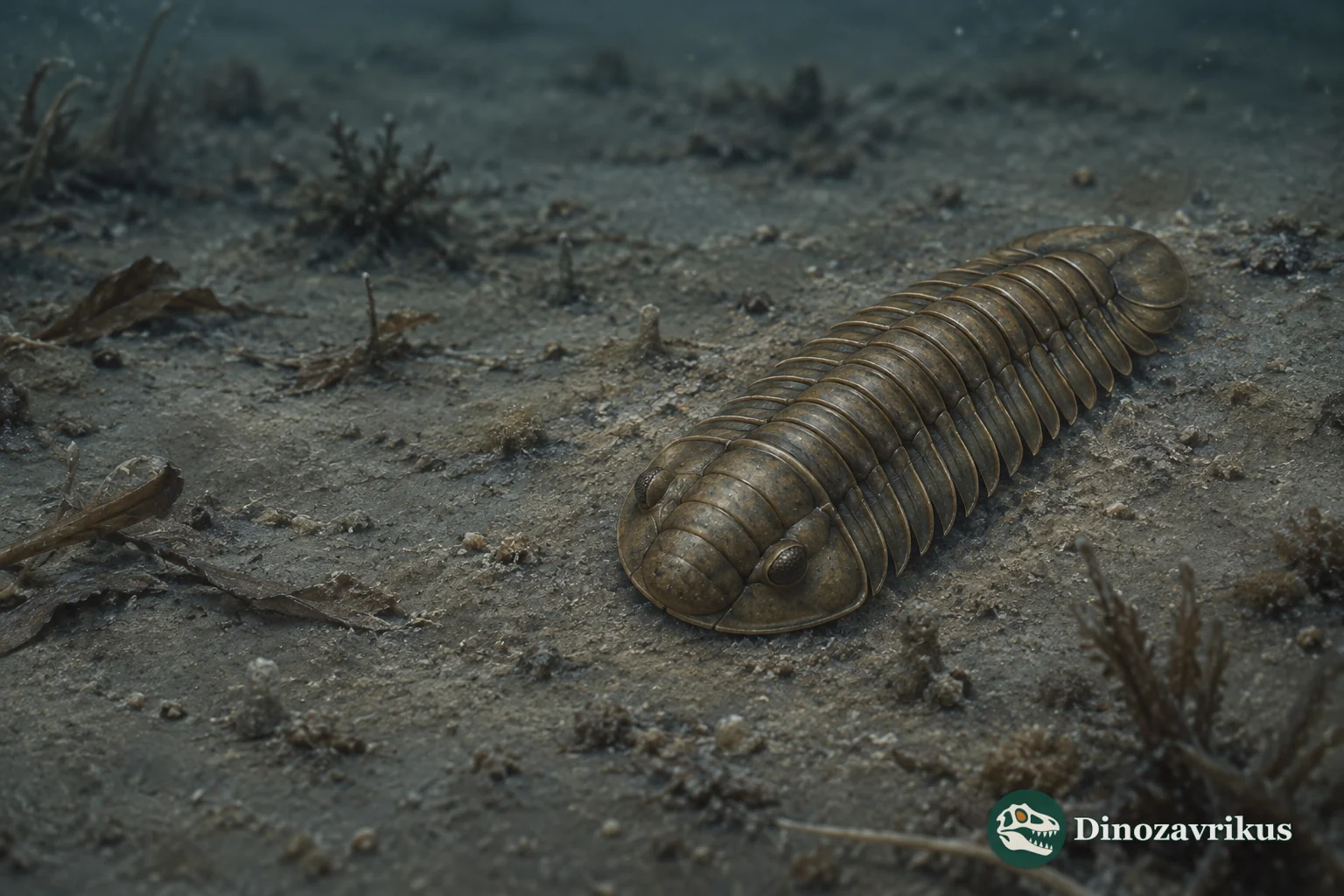 A small Bienvillia olenid trilobite with a narrow segmented body and small eyes set forward on its head