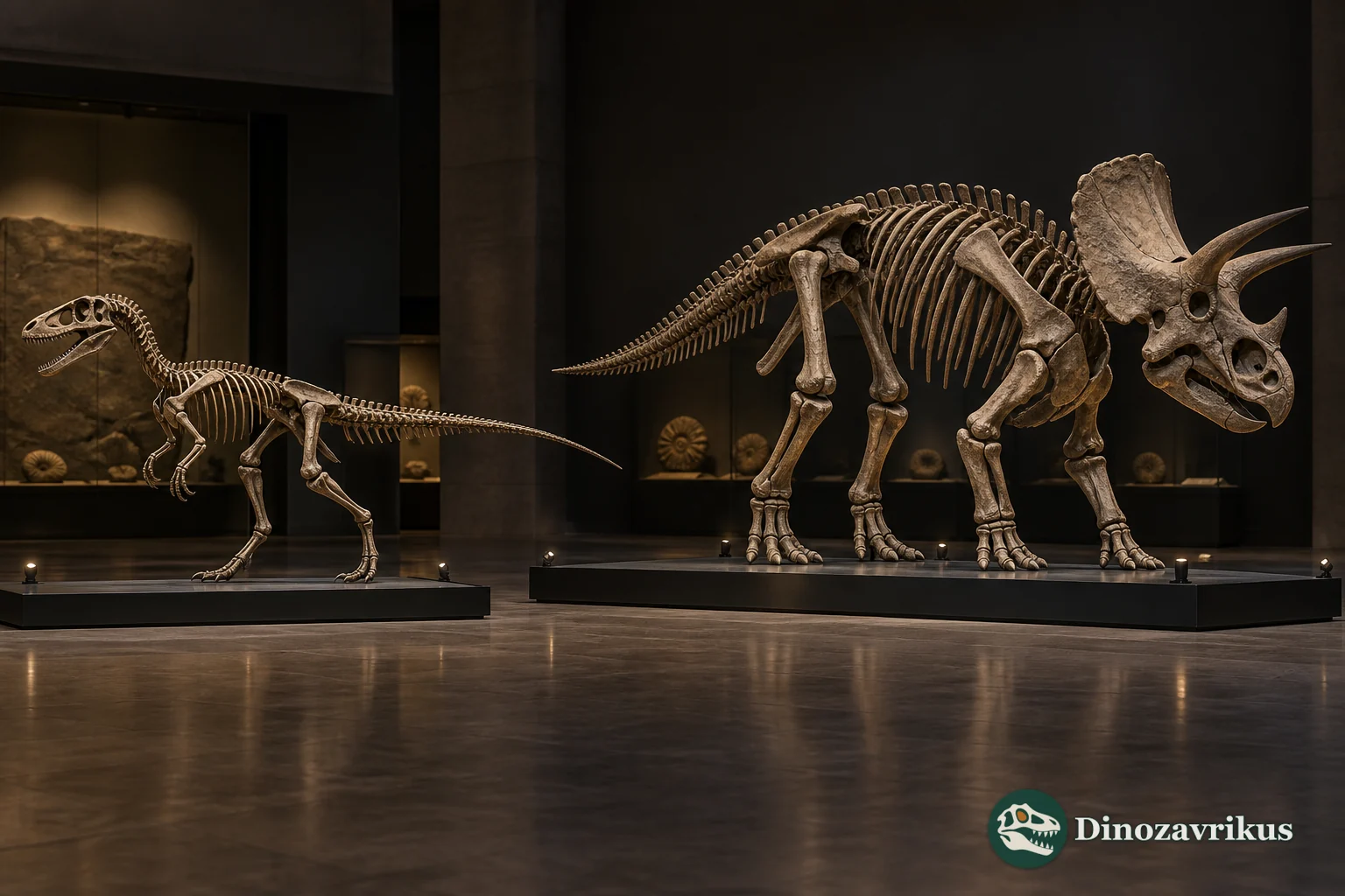 Bipedal theropod and quadrupedal horned dinosaur skeletons