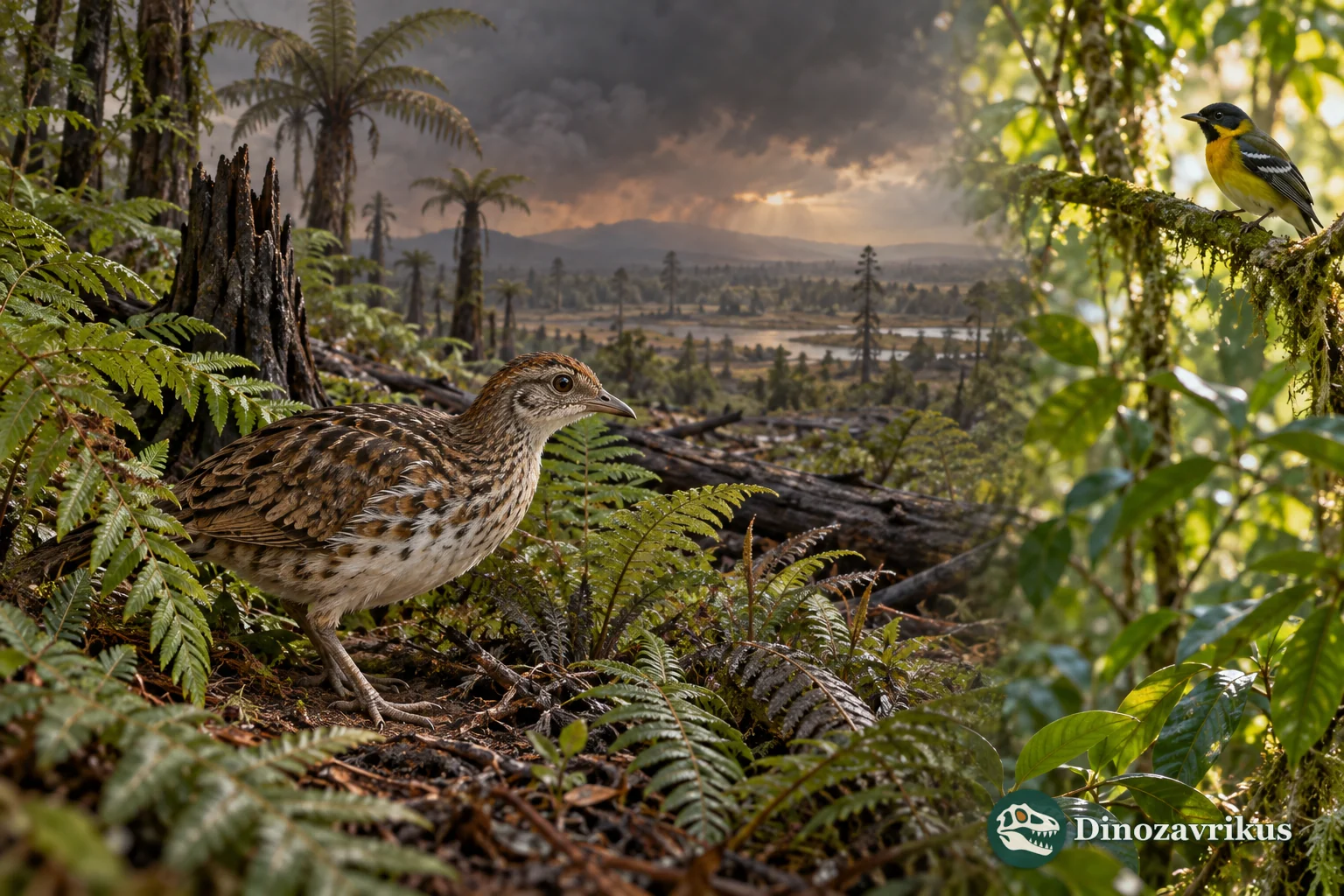 A small ground bird in a post-impact Cretaceous forest beside a modern forest bird, showing different times without equating the events
