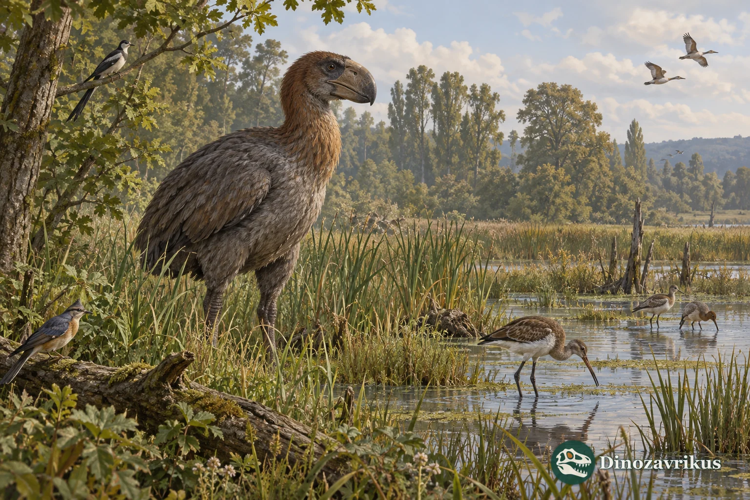 A large ground bird and smaller birds in an early Eocene wetland forest