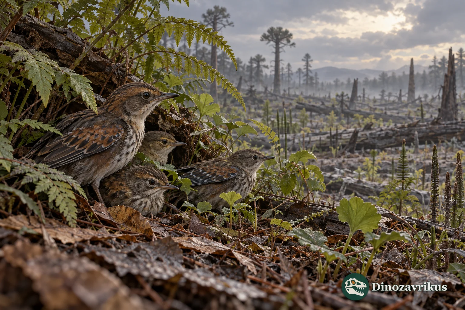 Small early birds shelter among ferns in a recovering post-impact forest