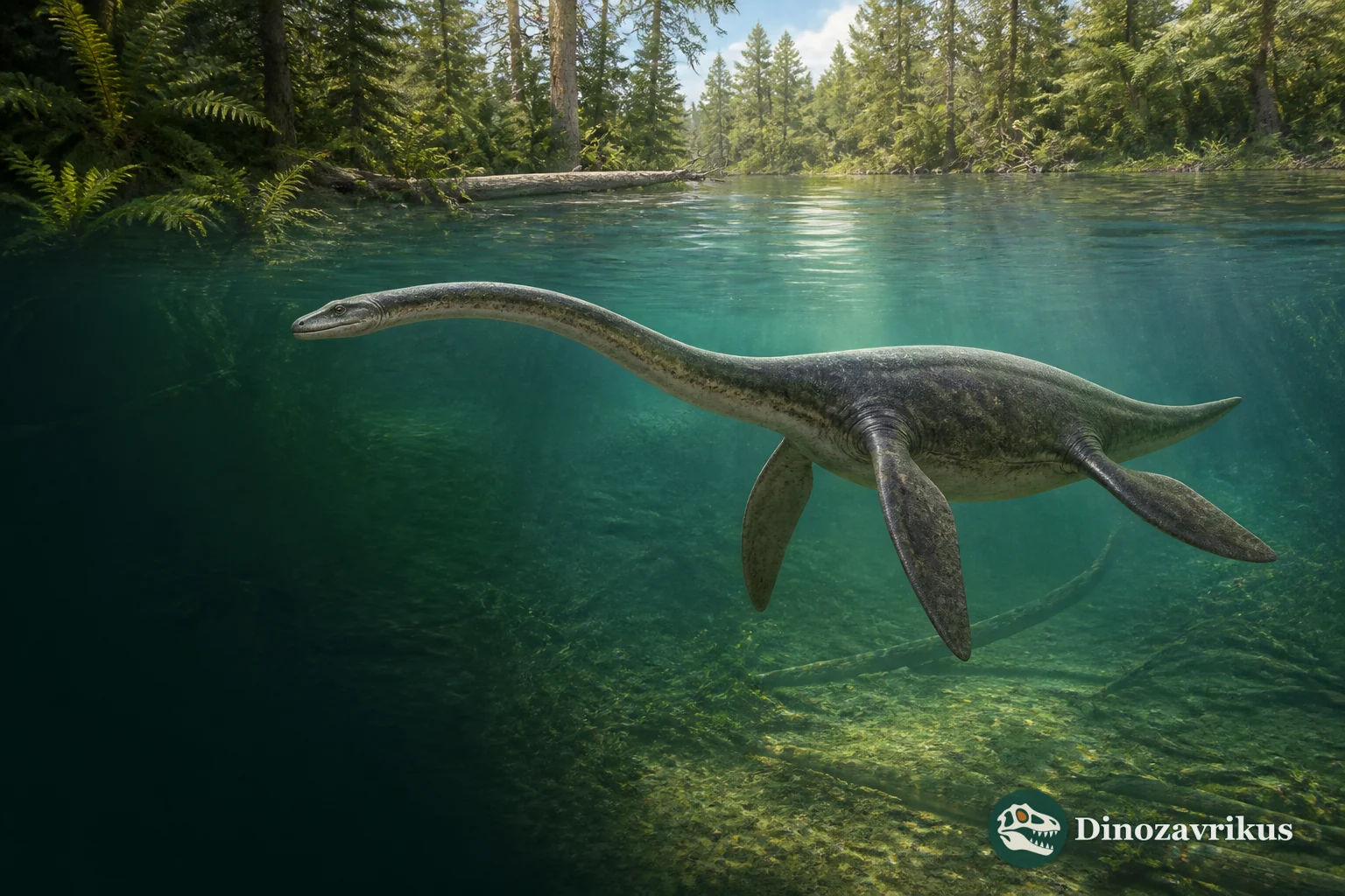 Bishanopliosaurus youngi swimming in a Jurassic freshwater channel
